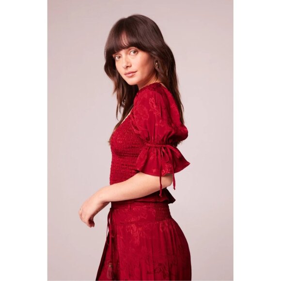 Band of the Free NWT Lea Rhubarb Smocked Crop Top Sz Lar Red Rhubarb Puff Sleeve - Picture 2 of 14